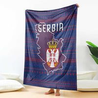 Serbia Blanket with National Map and Coat of Arms Design in Blue Red Pattern