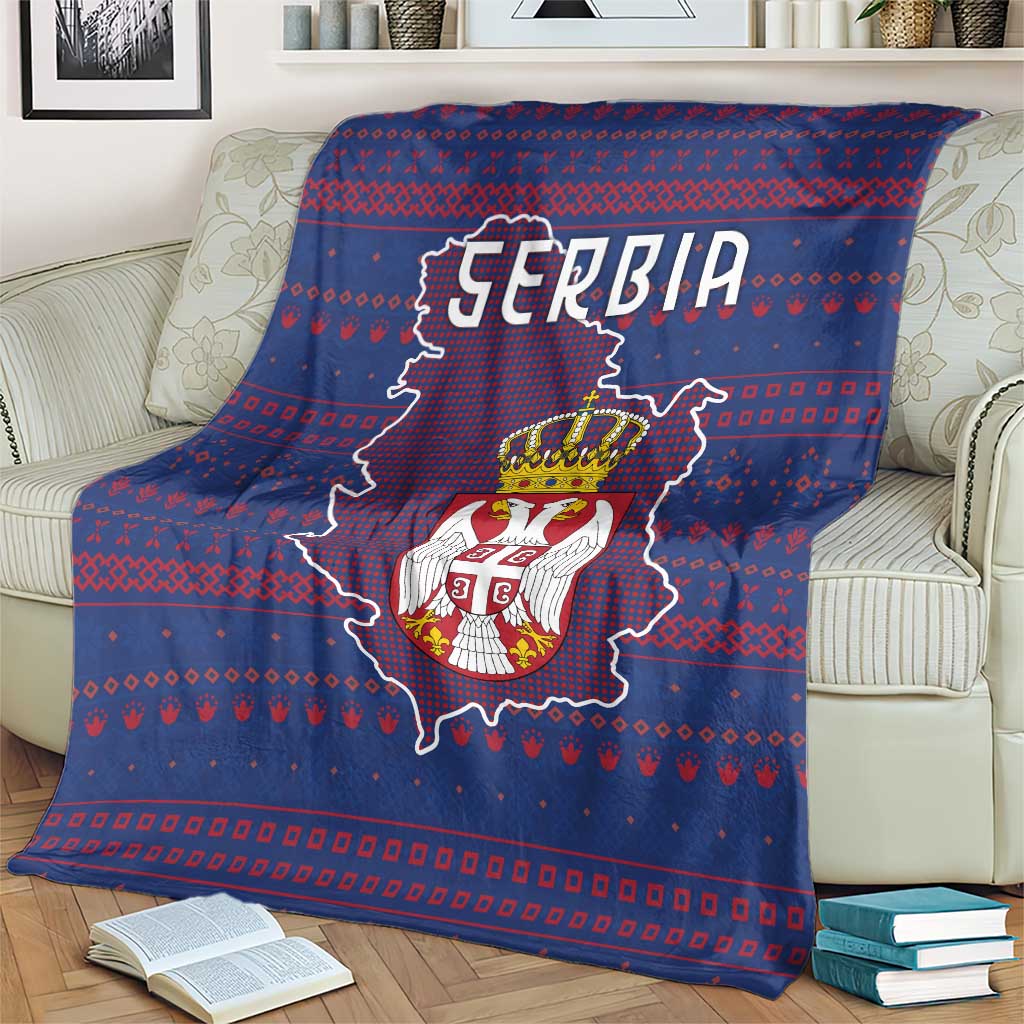 Serbia Blanket with National Map and Coat of Arms Design in Blue Red Pattern