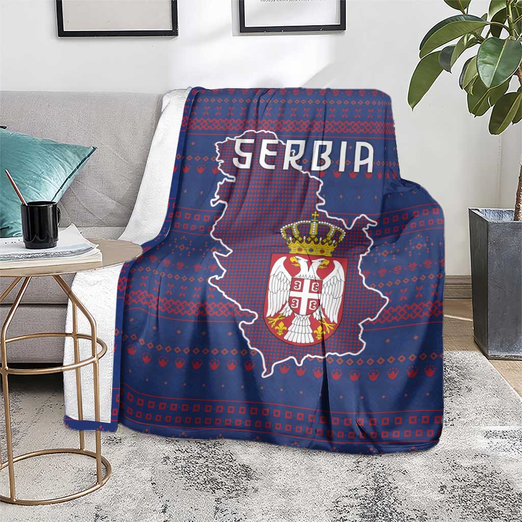 Serbia Blanket with National Map and Coat of Arms Design in Blue Red Pattern