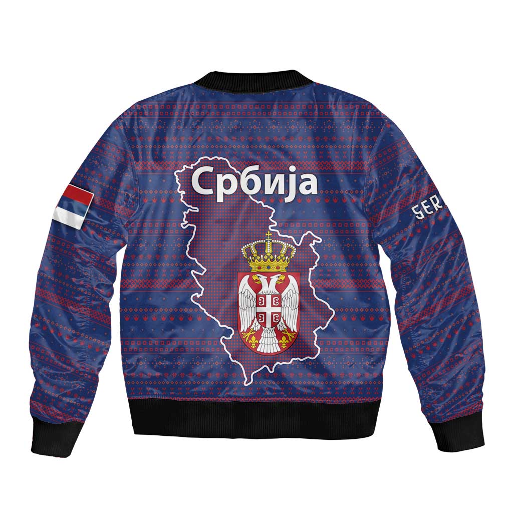 Serbia Bomber Jacket with National Map and Coat of Arms Design in Blue Red Pattern