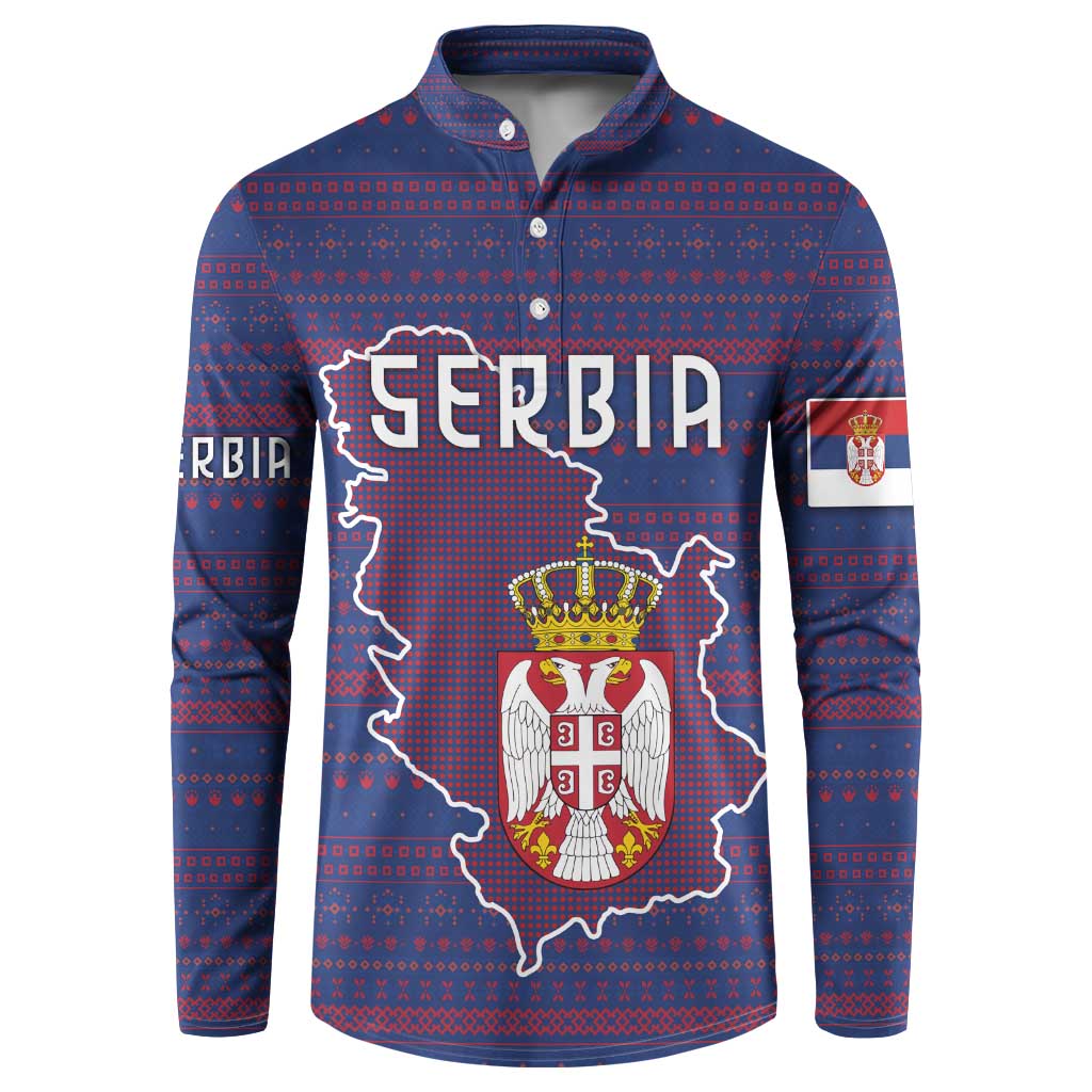 Serbia Button Sweatshirt with National Map and Coat of Arms Design in Blue Red Pattern