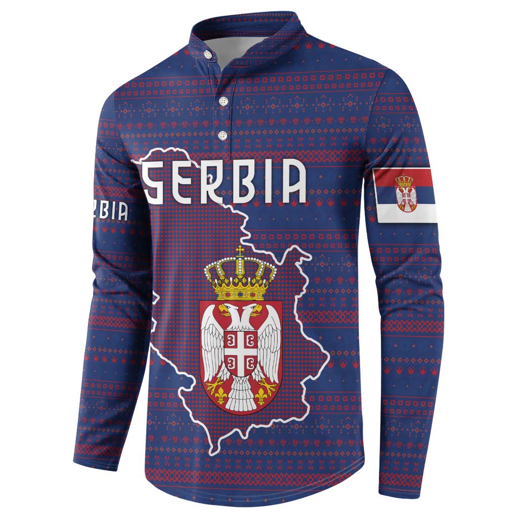 Serbia Button Sweatshirt with National Map and Coat of Arms Design in Blue Red Pattern