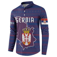Serbia Button Sweatshirt with National Map and Coat of Arms Design in Blue Red Pattern