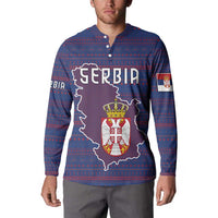 Serbia Button Sweatshirt with National Map and Coat of Arms Design in Blue Red Pattern