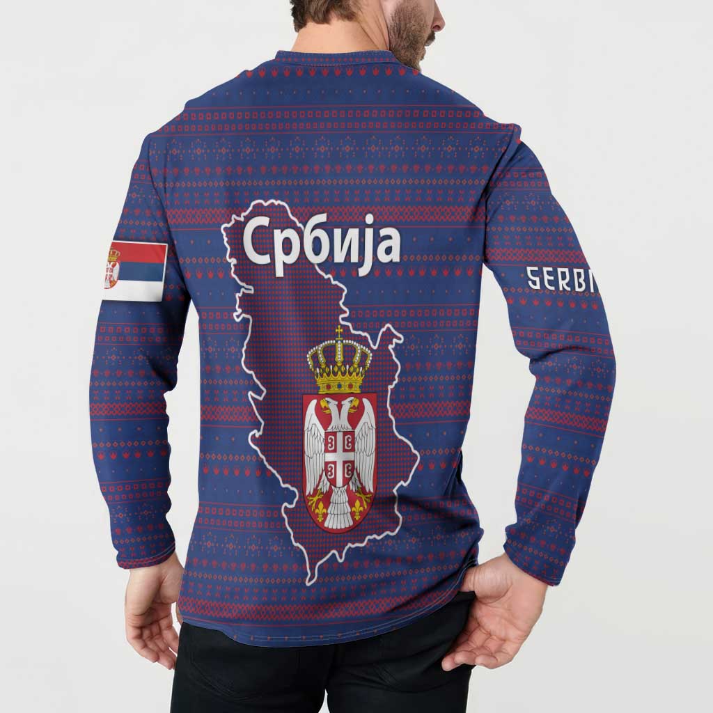 Serbia Button Sweatshirt with National Map and Coat of Arms Design in Blue Red Pattern