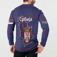 Serbia Button Sweatshirt with National Map and Coat of Arms Design in Blue Red Pattern
