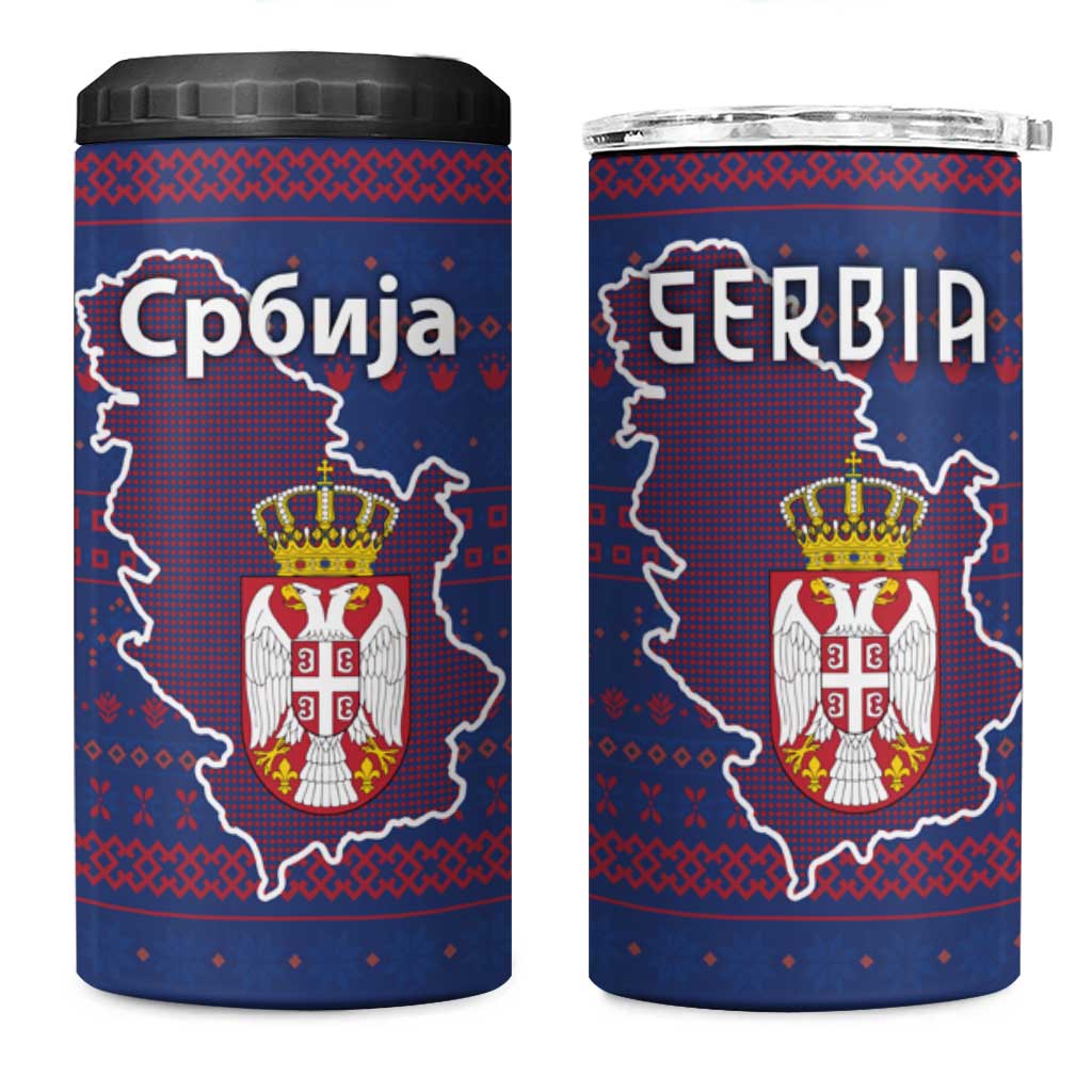 Serbia 4 in 1 Can Cooler Tumbler with National Map and Coat of Arms Design in Blue Red Pattern