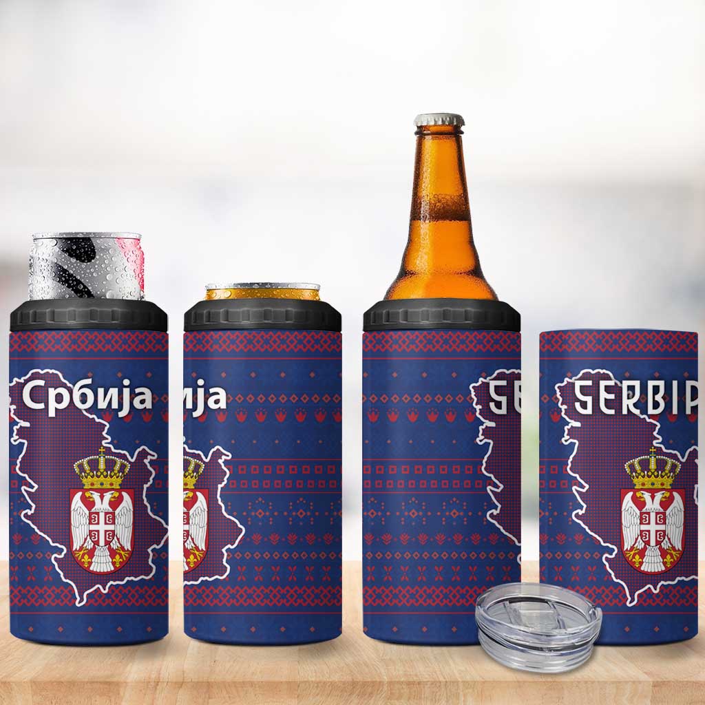 Serbia 4 in 1 Can Cooler Tumbler with National Map and Coat of Arms Design in Blue Red Pattern