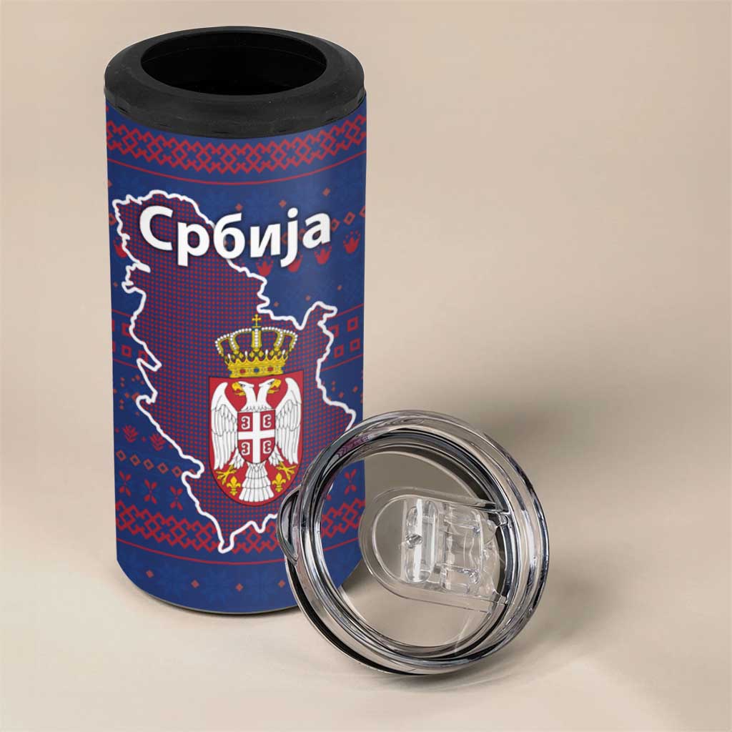 Serbia 4 in 1 Can Cooler Tumbler with National Map and Coat of Arms Design in Blue Red Pattern