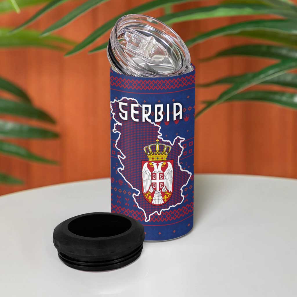 Serbia 4 in 1 Can Cooler Tumbler with National Map and Coat of Arms Design in Blue Red Pattern