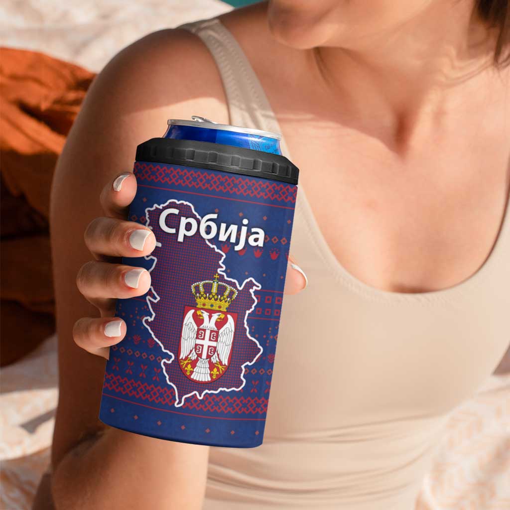 Serbia 4 in 1 Can Cooler Tumbler with National Map and Coat of Arms Design in Blue Red Pattern
