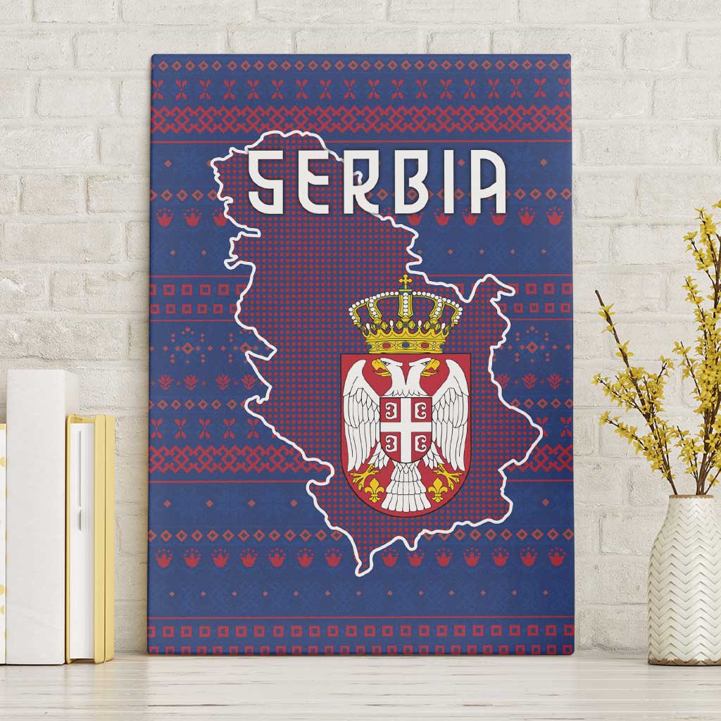 Serbia Canvas Wall Art with National Map and Coat of Arms Design in Blue Red Pattern