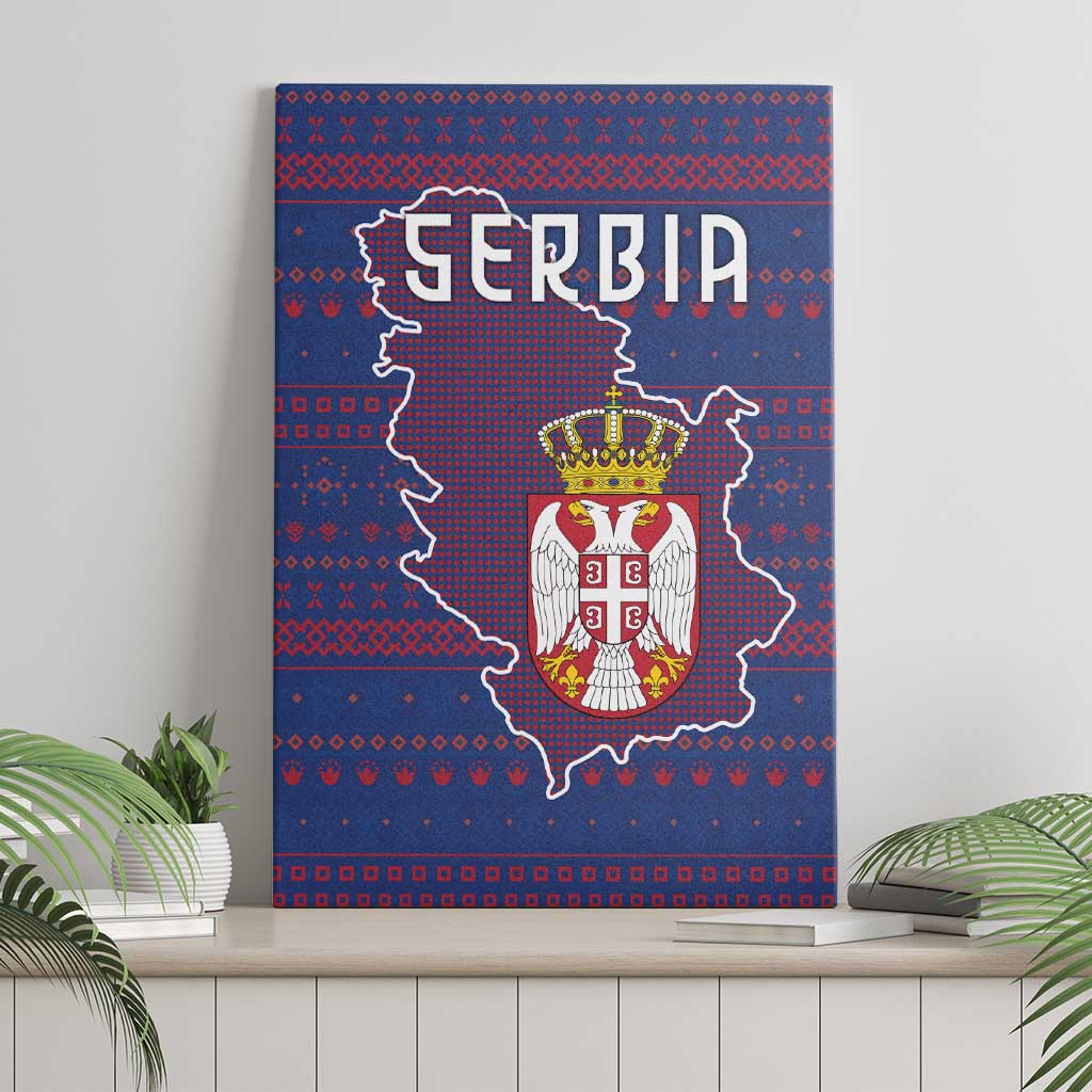 Serbia Canvas Wall Art with National Map and Coat of Arms Design in Blue Red Pattern