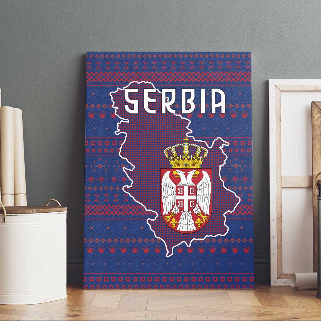 Serbia Canvas Wall Art with National Map and Coat of Arms Design in Blue Red Pattern