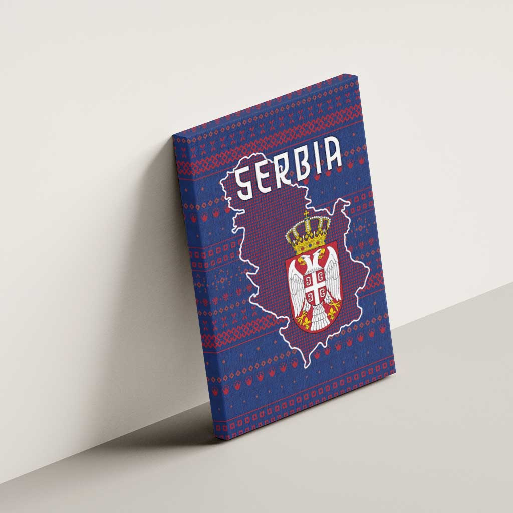 Serbia Canvas Wall Art with National Map and Coat of Arms Design in Blue Red Pattern
