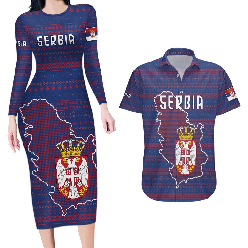 Serbia Couples Matching Long Sleeve Bodycon Dress and Hawaiian Shirt with National Map and Coat of Arms Design in Blue Red Pattern