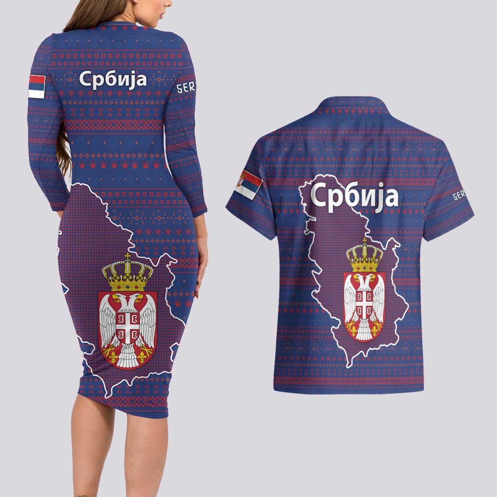 Serbia Couples Matching Long Sleeve Bodycon Dress and Hawaiian Shirt with National Map and Coat of Arms Design in Blue Red Pattern
