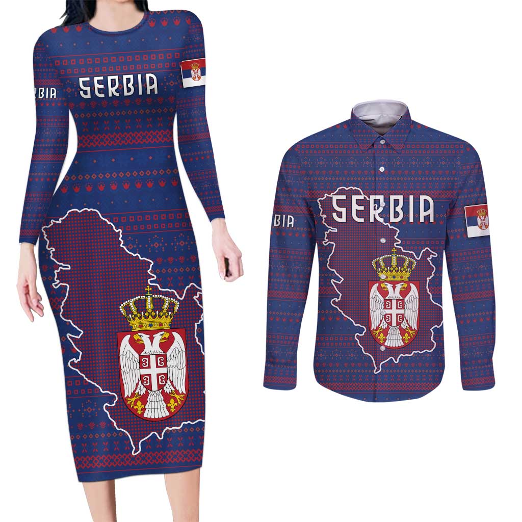 Serbia Couples Matching Long Sleeve Bodycon Dress and Long Sleeve Button Shirt with National Map and Coat of Arms Design in Blue Red Pattern
