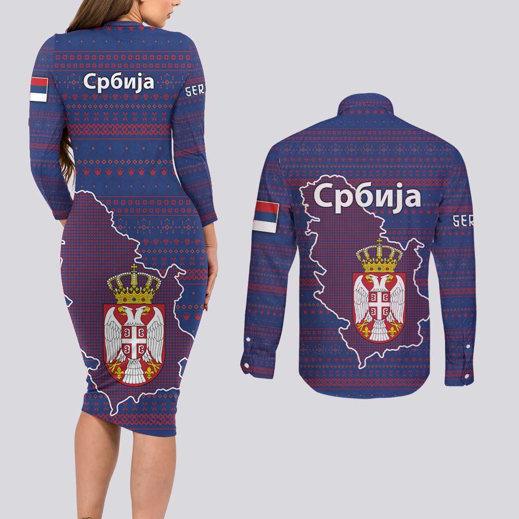 Serbia Couples Matching Long Sleeve Bodycon Dress and Long Sleeve Button Shirt with National Map and Coat of Arms Design in Blue Red Pattern