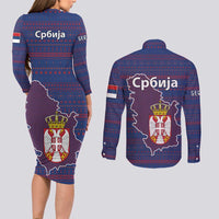 Serbia Couples Matching Long Sleeve Bodycon Dress and Long Sleeve Button Shirt with National Map and Coat of Arms Design in Blue Red Pattern