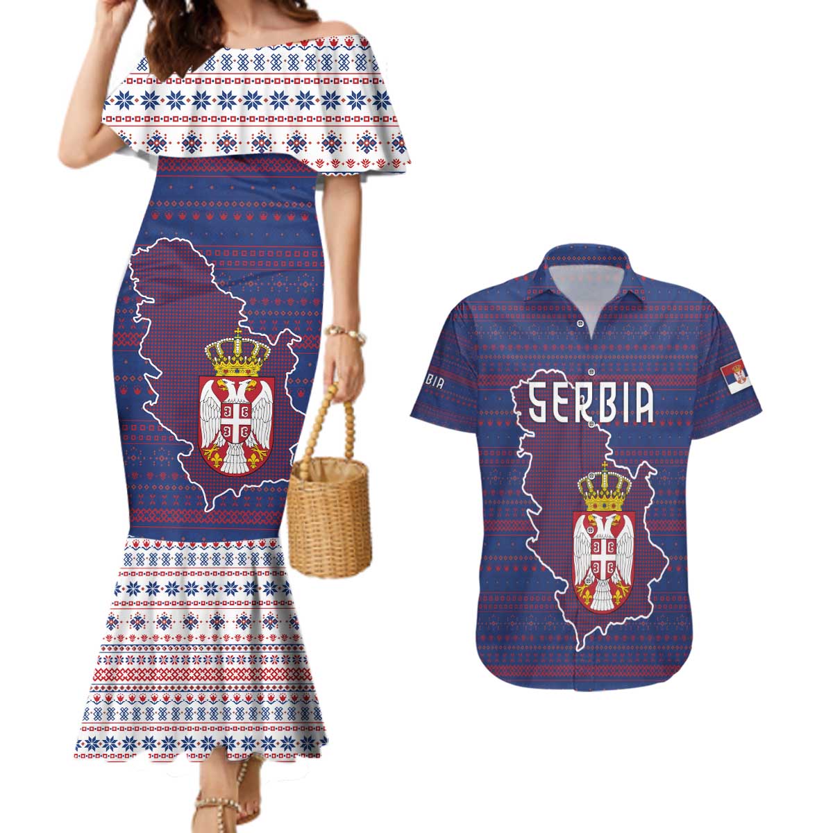 Serbia Couples Matching Mermaid Dress and Hawaiian Shirt with National Map and Coat of Arms Design in Blue Red Pattern