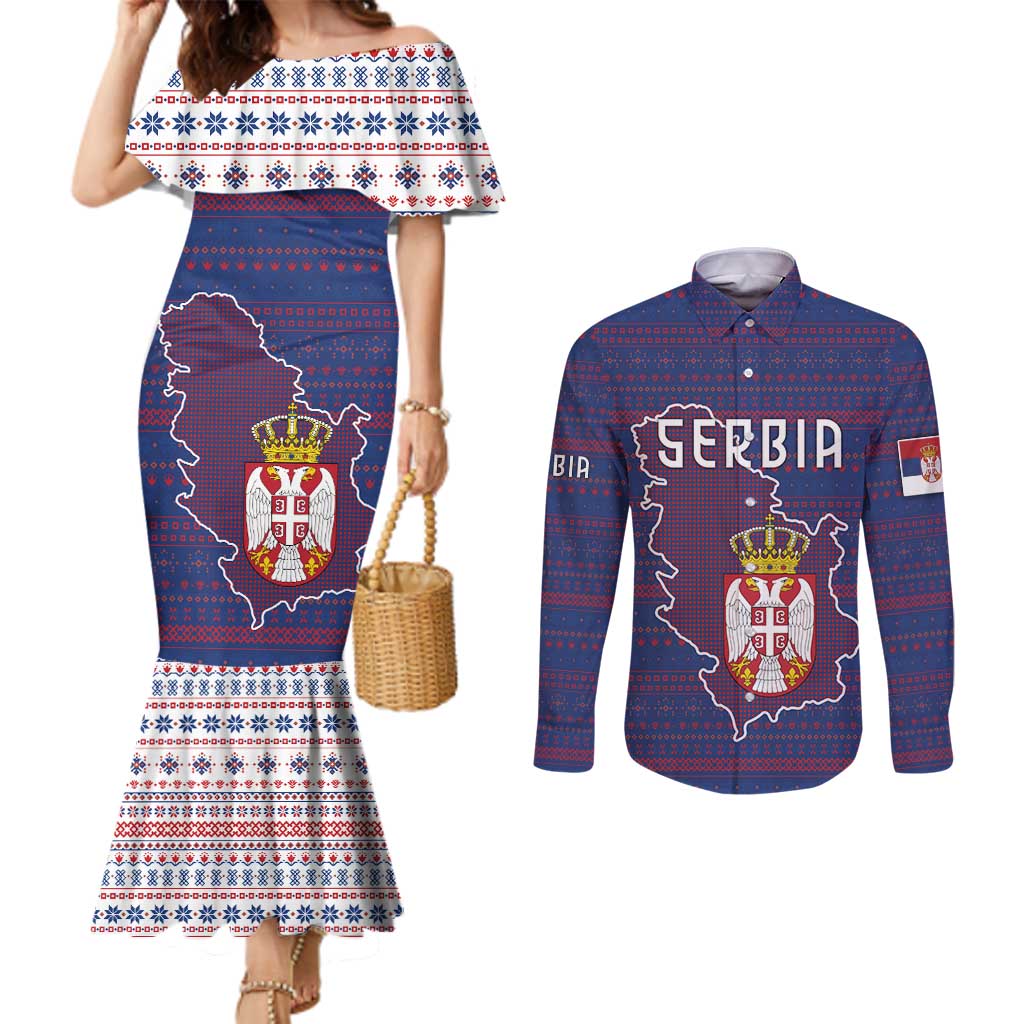 Serbia Couples Matching Mermaid Dress and Long Sleeve Button Shirt with National Map and Coat of Arms Design in Blue Red Pattern