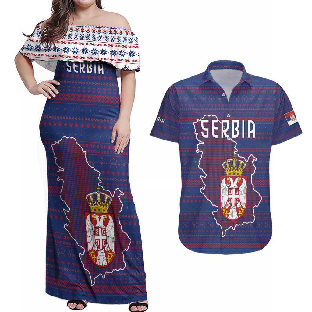 Serbia Couples Matching Off Shoulder Maxi Dress and Hawaiian Shirt with National Map and Coat of Arms Design in Blue Red Pattern