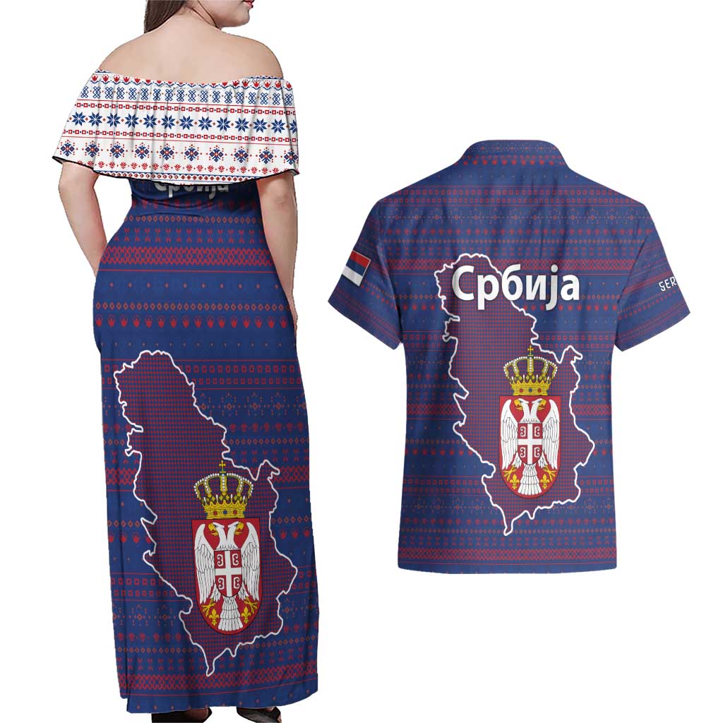 Serbia Couples Matching Off Shoulder Maxi Dress and Hawaiian Shirt with National Map and Coat of Arms Design in Blue Red Pattern