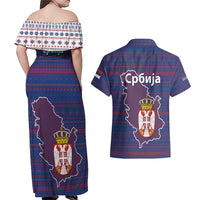 Serbia Couples Matching Off Shoulder Maxi Dress and Hawaiian Shirt with National Map and Coat of Arms Design in Blue Red Pattern