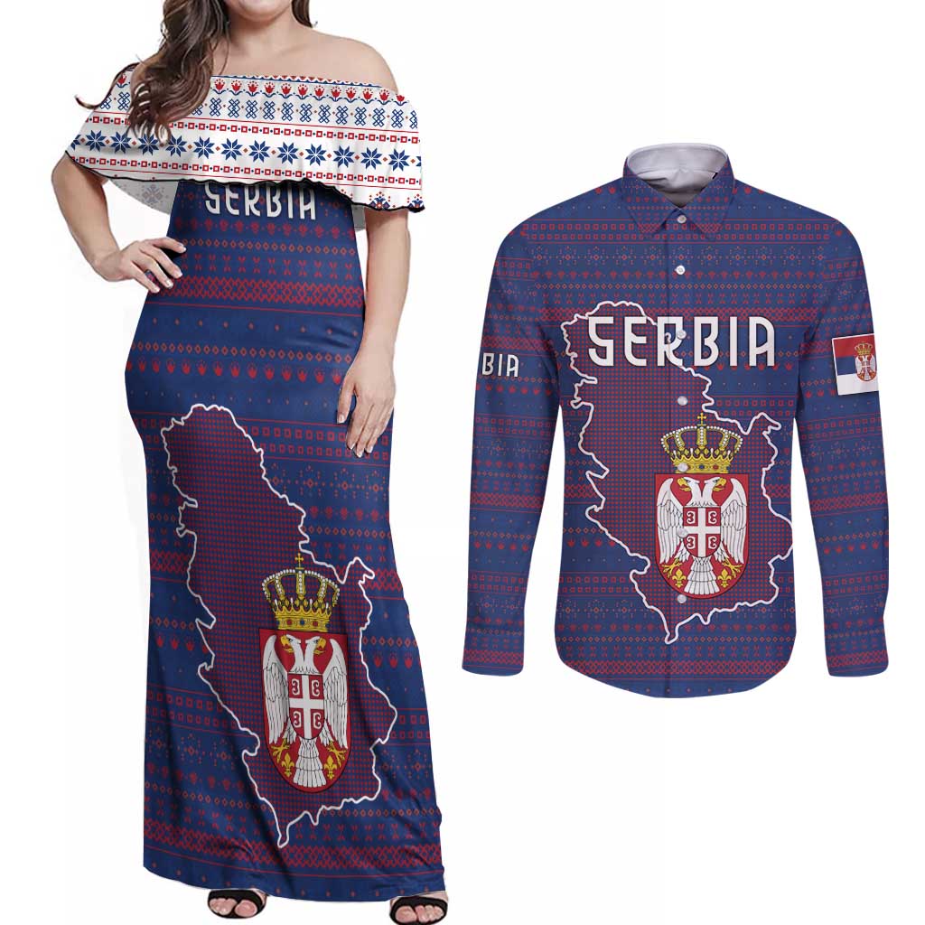 Serbia Couples Matching Off Shoulder Maxi Dress and Long Sleeve Button Shirt with National Map and Coat of Arms Design in Blue Red Pattern