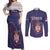 Serbia Couples Matching Off Shoulder Maxi Dress and Long Sleeve Button Shirt with National Map and Coat of Arms Design in Blue Red Pattern