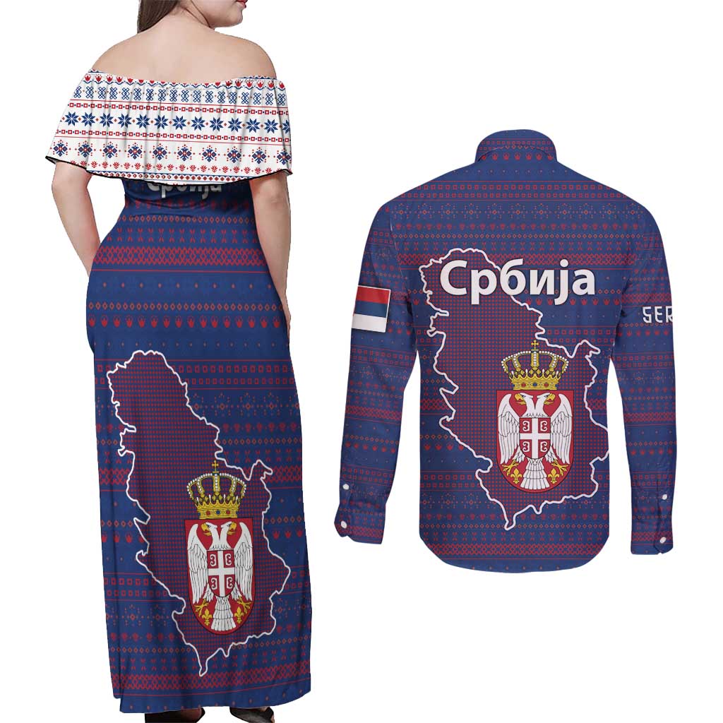 Serbia Couples Matching Off Shoulder Maxi Dress and Long Sleeve Button Shirt with National Map and Coat of Arms Design in Blue Red Pattern