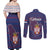 Serbia Couples Matching Off Shoulder Maxi Dress and Long Sleeve Button Shirt with National Map and Coat of Arms Design in Blue Red Pattern