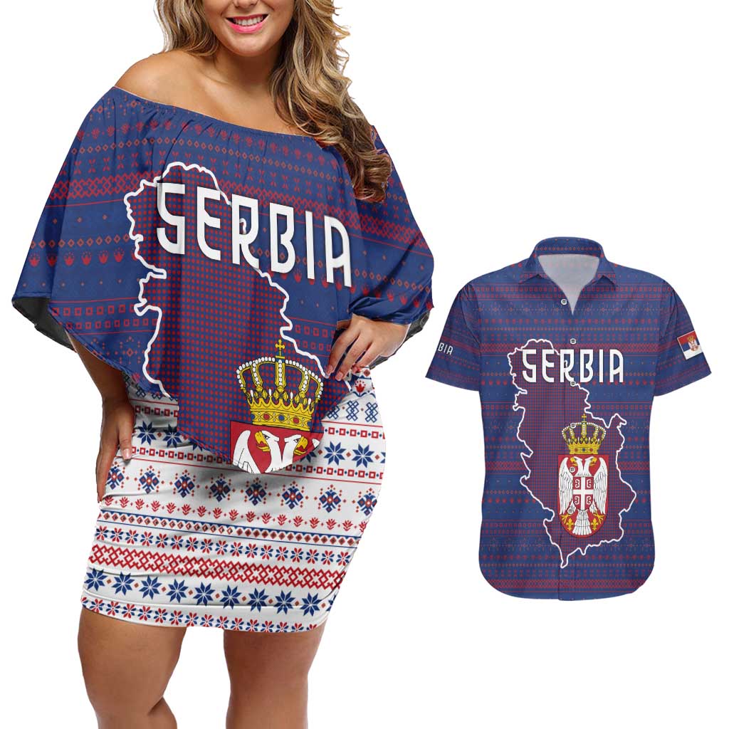 Serbia Couples Matching Off Shoulder Short Dress and Hawaiian Shirt with National Map and Coat of Arms Design in Blue Red Pattern