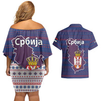 Serbia Couples Matching Off Shoulder Short Dress and Hawaiian Shirt with National Map and Coat of Arms Design in Blue Red Pattern
