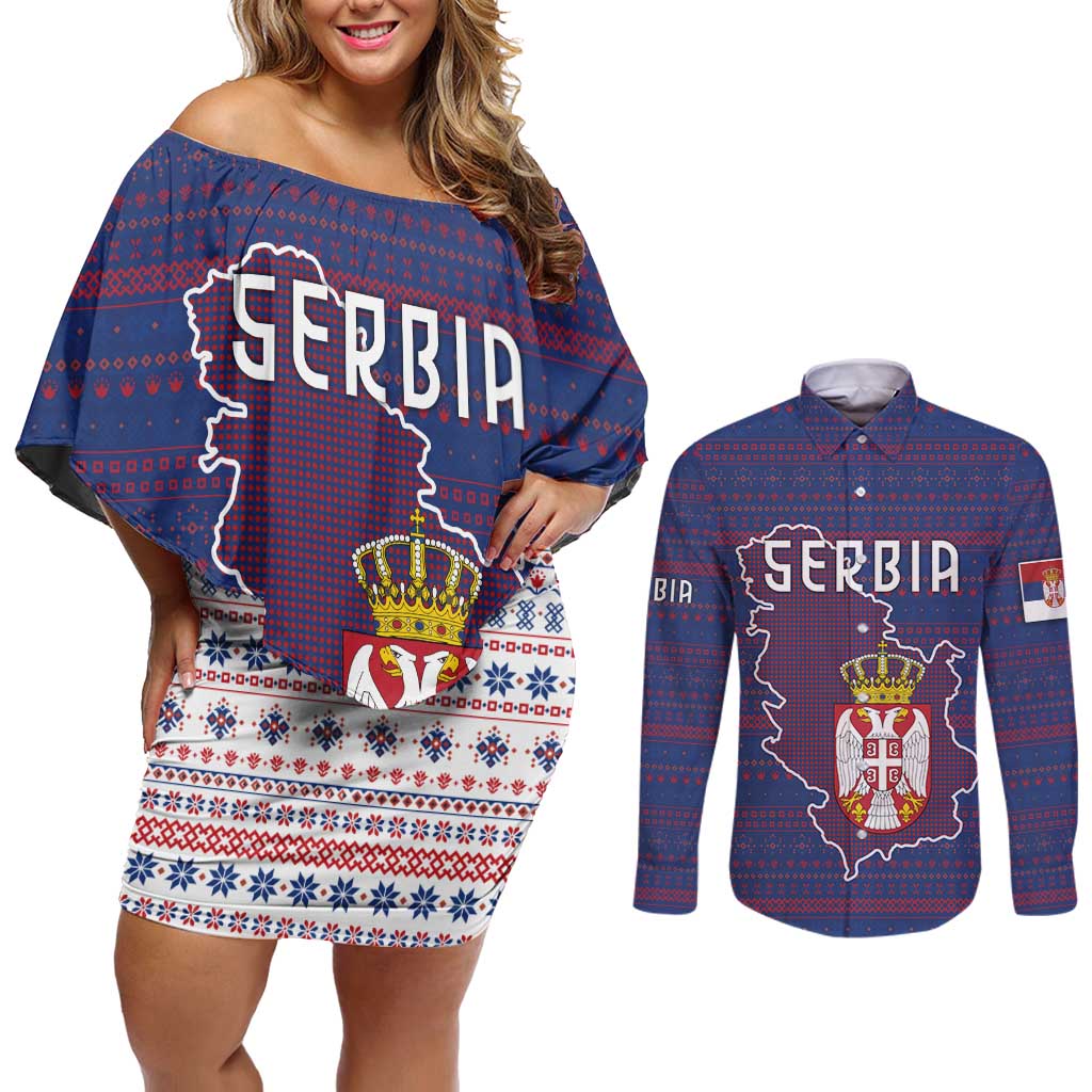 Serbia Couples Matching Off Shoulder Short Dress and Long Sleeve Button Shirt with National Map and Coat of Arms Design in Blue Red Pattern
