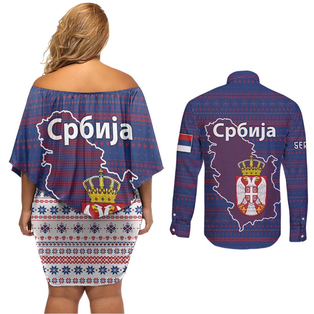 Serbia Couples Matching Off Shoulder Short Dress and Long Sleeve Button Shirt with National Map and Coat of Arms Design in Blue Red Pattern