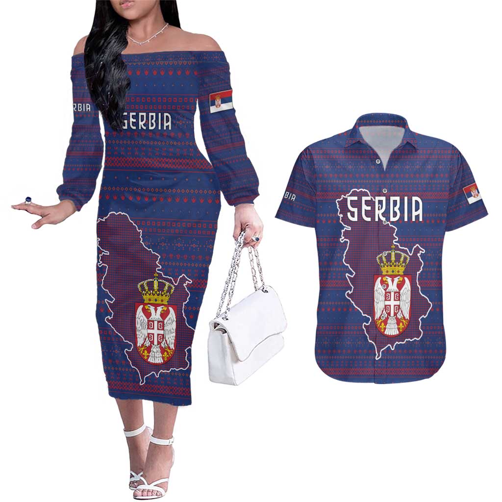 Serbia Couples Matching Off The Shoulder Long Sleeve Dress and Hawaiian Shirt with National Map and Coat of Arms Design in Blue Red Pattern