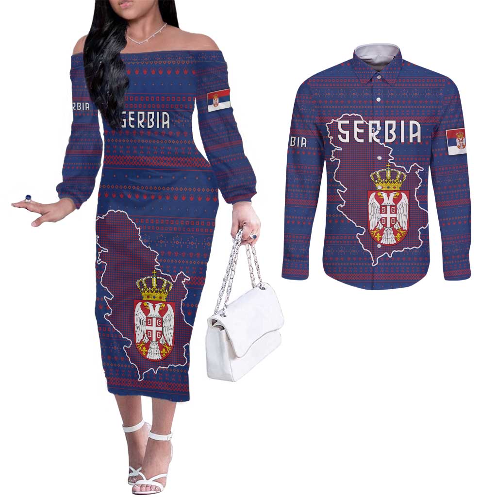 Serbia Couples Matching Off The Shoulder Long Sleeve Dress and Long Sleeve Button Shirt with National Map and Coat of Arms Design in Blue Red Pattern