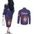 Serbia Couples Matching Off The Shoulder Long Sleeve Dress and Long Sleeve Button Shirt with National Map and Coat of Arms Design in Blue Red Pattern