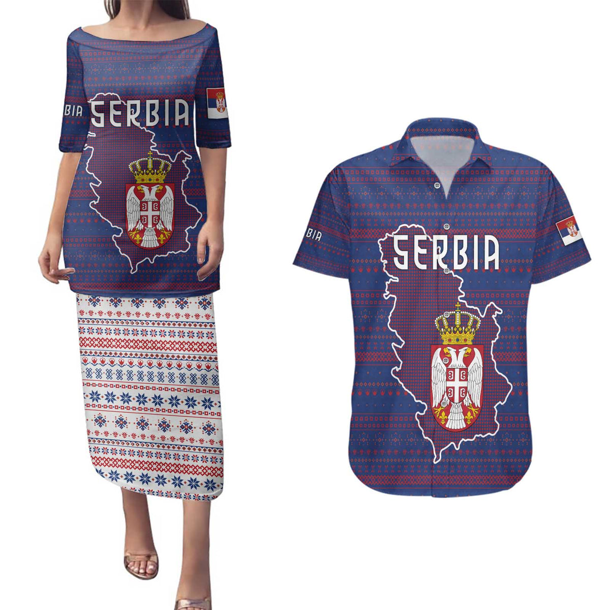 Serbia Couples Matching Puletasi and Hawaiian Shirt with National Map and Coat of Arms Design in Blue Red Pattern
