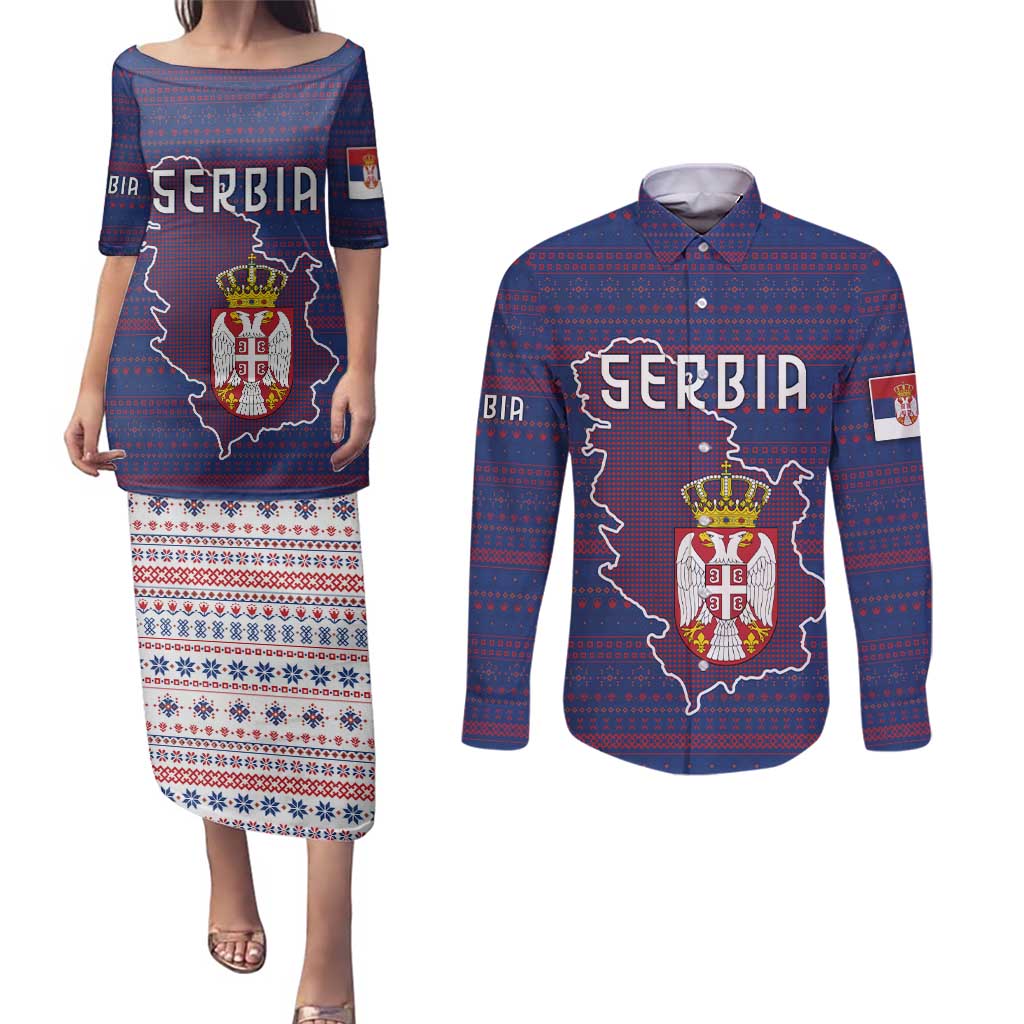 Serbia Couples Matching Puletasi and Long Sleeve Button Shirt with National Map and Coat of Arms Design in Blue Red Pattern