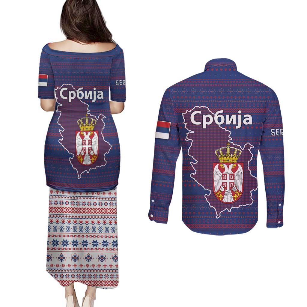 Serbia Couples Matching Puletasi and Long Sleeve Button Shirt with National Map and Coat of Arms Design in Blue Red Pattern