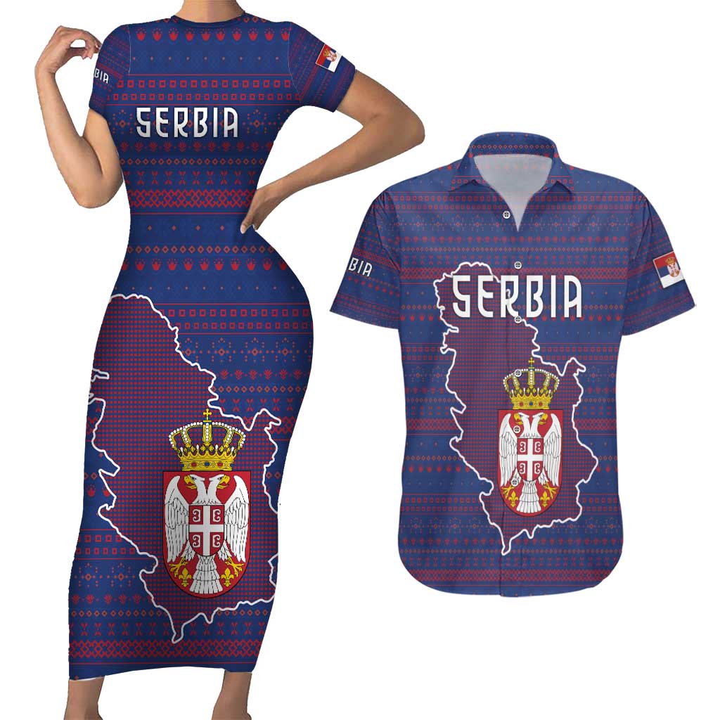 Serbia Couples Matching Short Sleeve Bodycon Dress and Hawaiian Shirt with National Map and Coat of Arms Design in Blue Red Pattern
