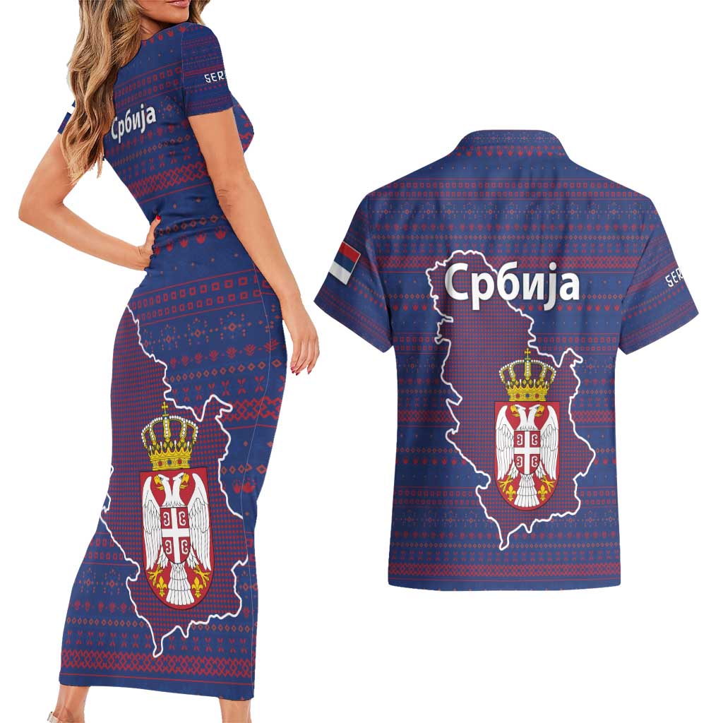Serbia Couples Matching Short Sleeve Bodycon Dress and Hawaiian Shirt with National Map and Coat of Arms Design in Blue Red Pattern