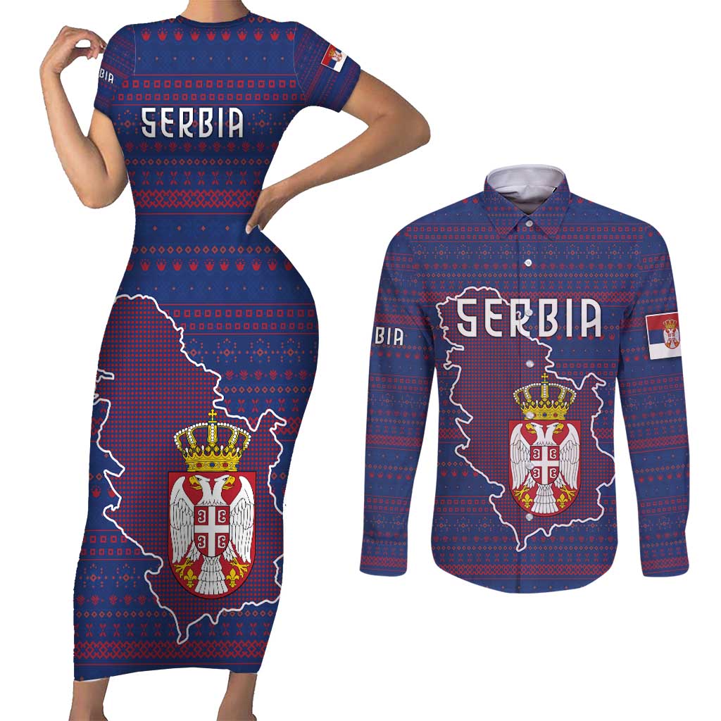 Serbia Couples Matching Short Sleeve Bodycon Dress and Long Sleeve Button Shirt with National Map and Coat of Arms Design in Blue Red Pattern