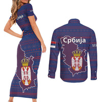 Serbia Couples Matching Short Sleeve Bodycon Dress and Long Sleeve Button Shirt with National Map and Coat of Arms Design in Blue Red Pattern