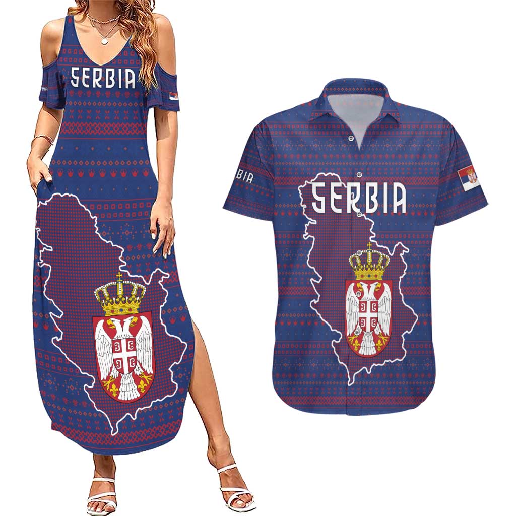 Serbia Couples Matching Summer Maxi Dress and Hawaiian Shirt with National Map and Coat of Arms Design in Blue Red Pattern