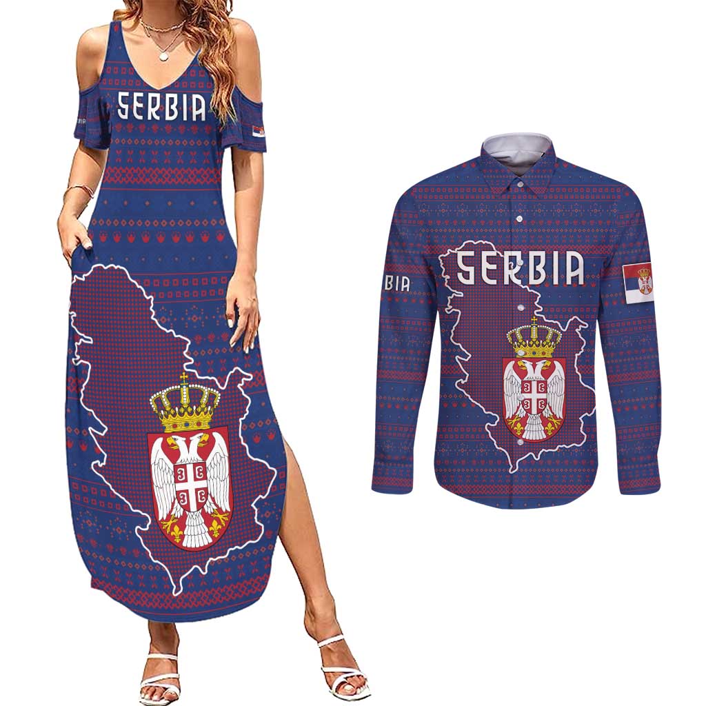 Serbia Couples Matching Summer Maxi Dress and Long Sleeve Button Shirt with National Map and Coat of Arms Design in Blue Red Pattern