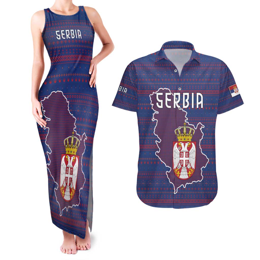 Serbia Couples Matching Tank Maxi Dress and Hawaiian Shirt with National Map and Coat of Arms Design in Blue Red Pattern